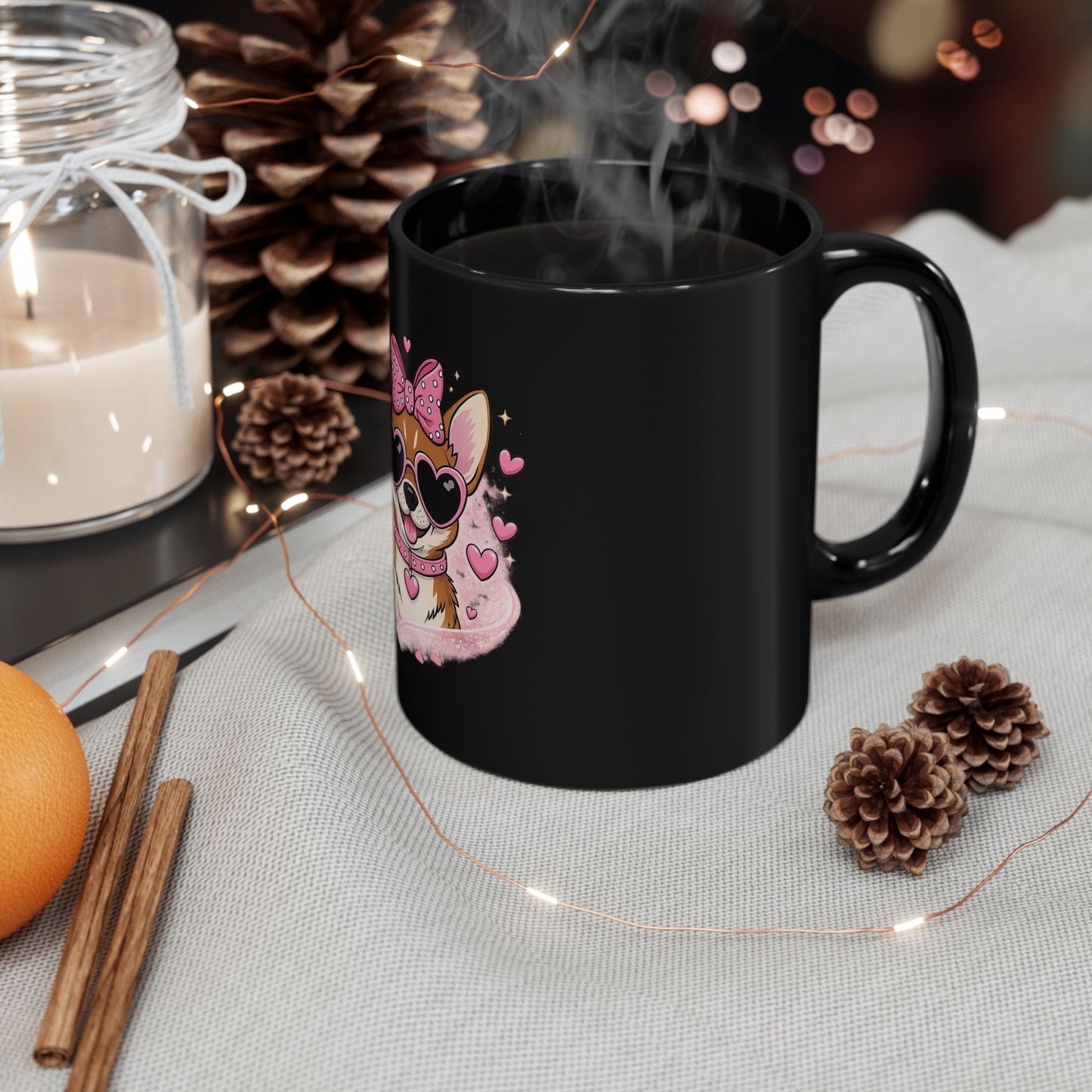 Corgi Love Black Mug — Cute Paw-sitive Coffee Cup with Heart Sunglasses (11oz/15oz)