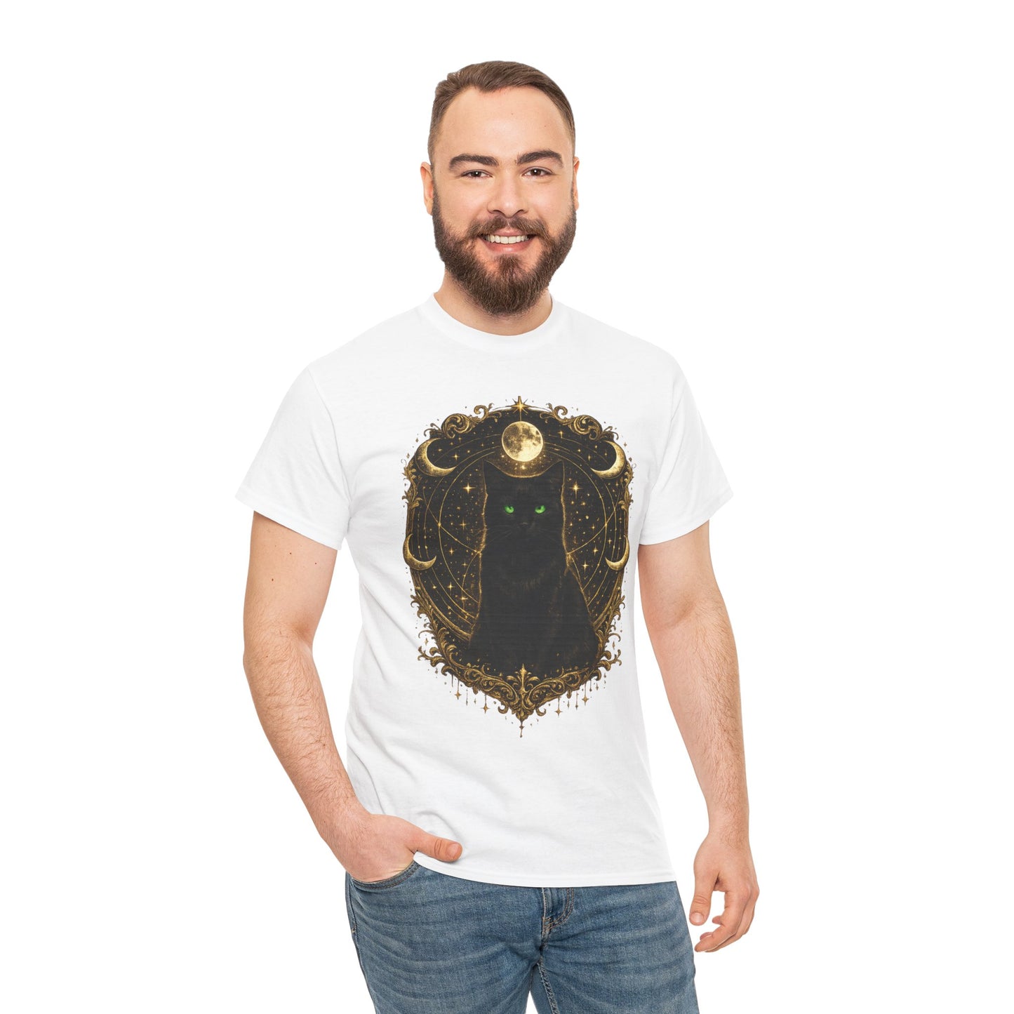 Mystic Moon Cat T-Shirt — Gothic Black Cat Tee with Gold Crescent Moon