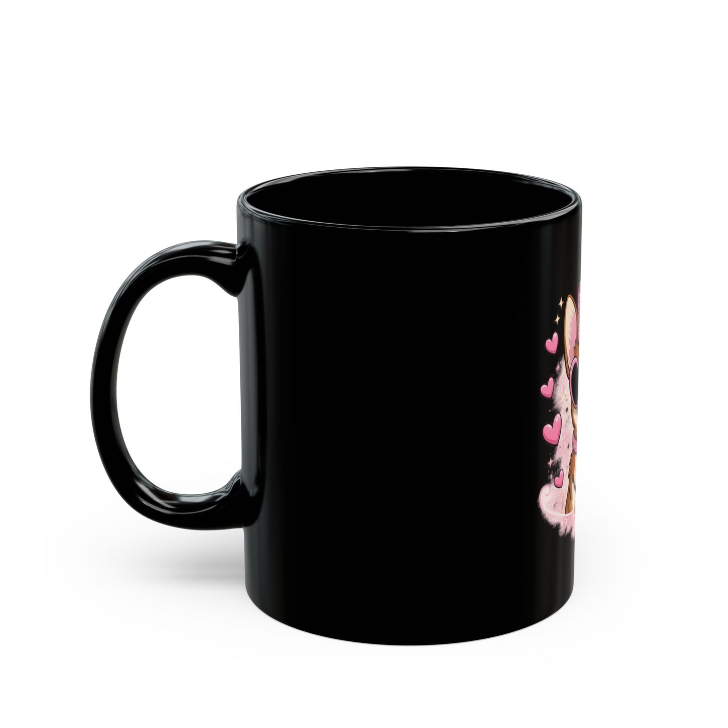 Corgi Love Black Mug — Cute Paw-sitive Coffee Cup with Heart Sunglasses (11oz/15oz)