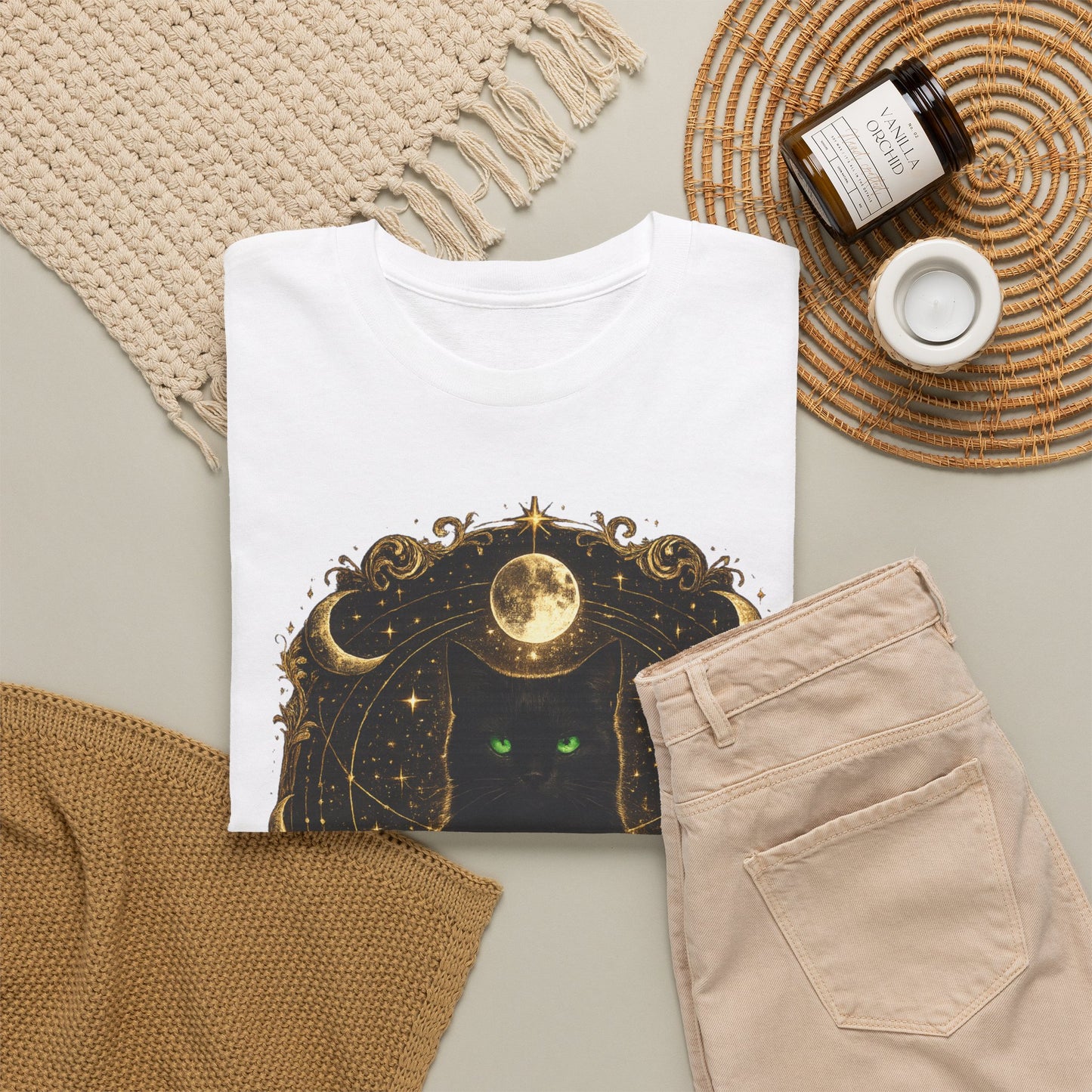 Mystic Moon Cat T-Shirt — Gothic Black Cat Tee with Gold Crescent Moon