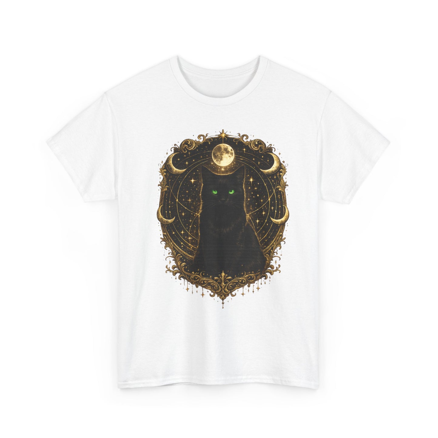 Mystic Moon Cat T-Shirt — Gothic Black Cat Tee with Gold Crescent Moon