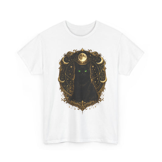 Mystic Moon Cat T-Shirt — Gothic Black Cat Tee with Gold Crescent Moon