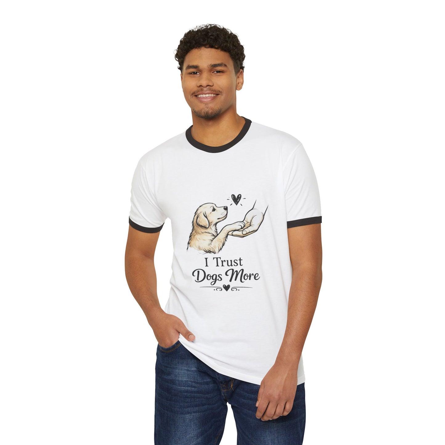 Dog Lover Ringer T-Shirt - "I Trust Dogs More" Cute Golden Retriever Design