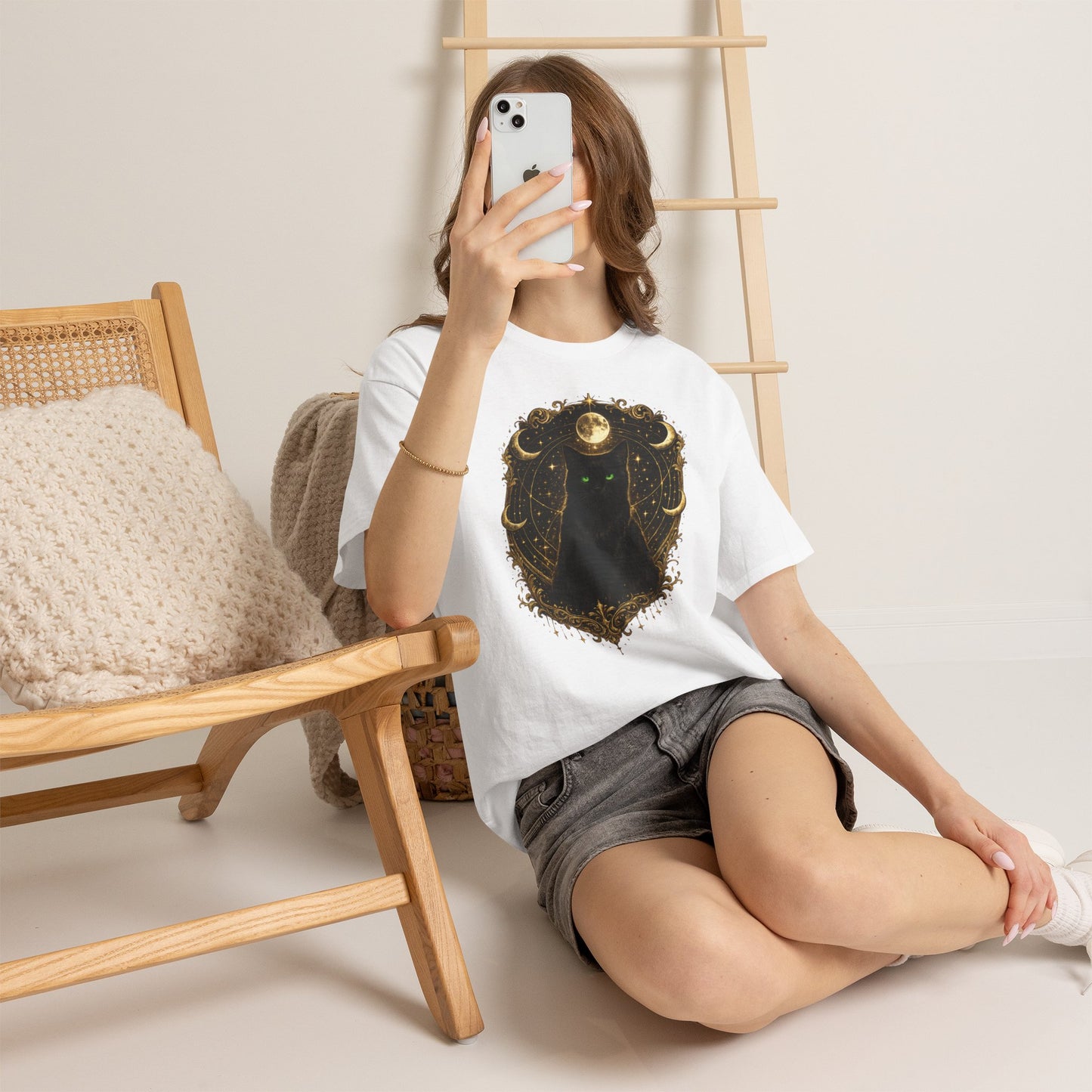 Mystic Moon Cat T-Shirt — Gothic Black Cat Tee with Gold Crescent Moon