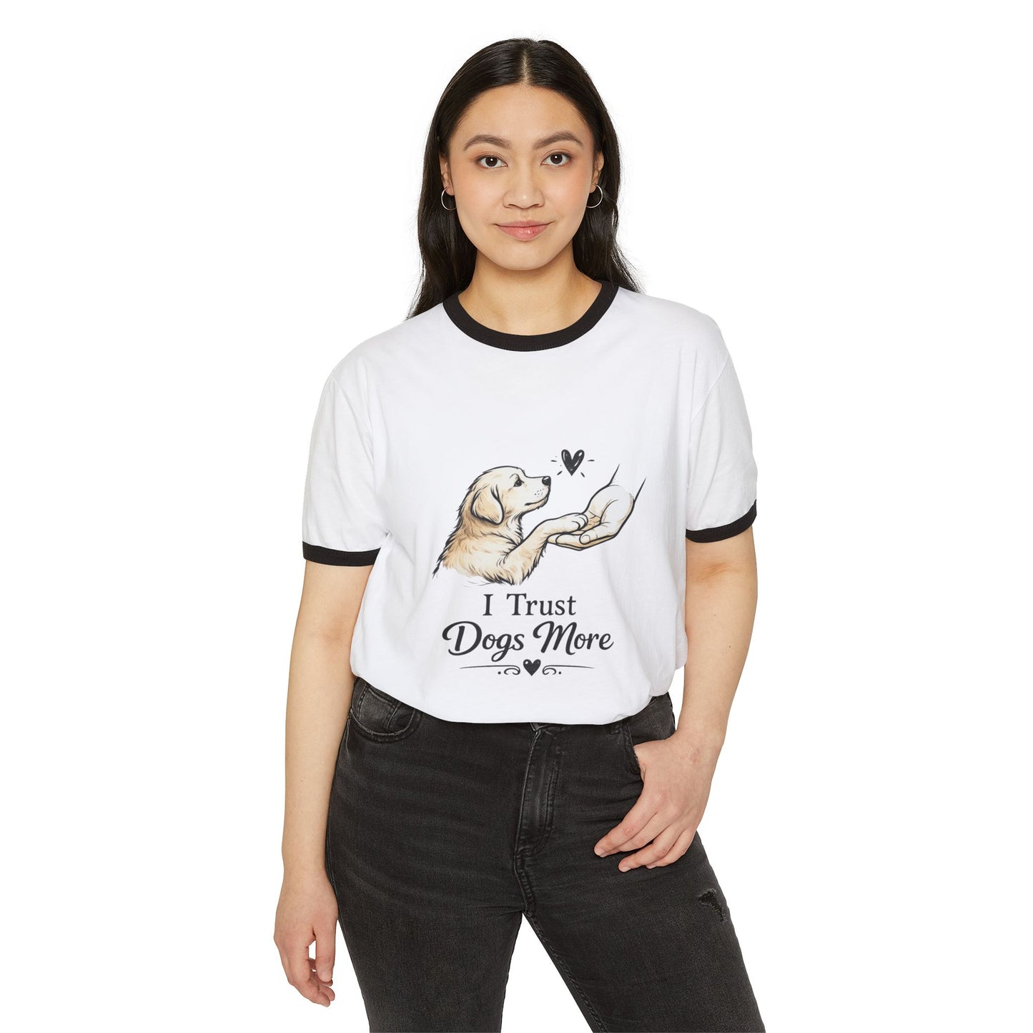Dog Lover Ringer T-Shirt - "I Trust Dogs More" Cute Golden Retriever Design