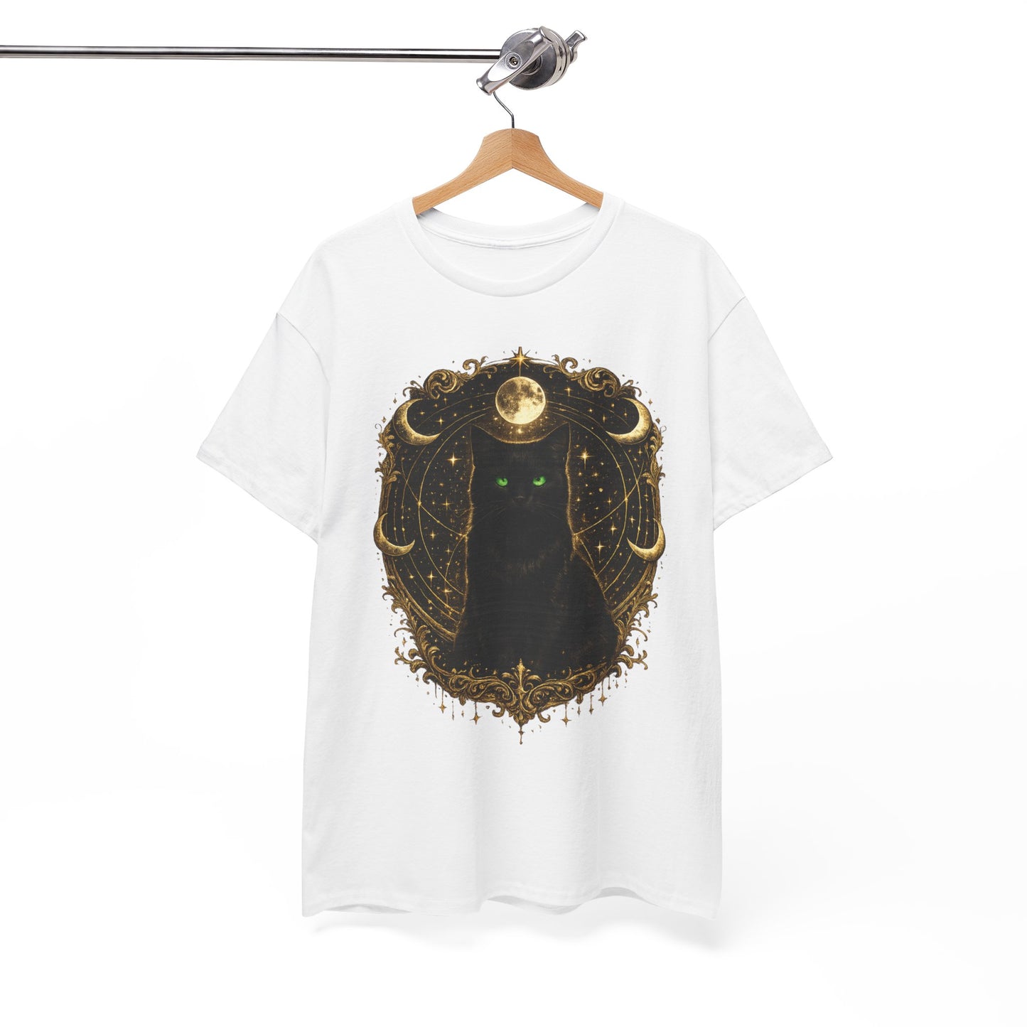 Mystic Moon Cat T-Shirt — Gothic Black Cat Tee with Gold Crescent Moon
