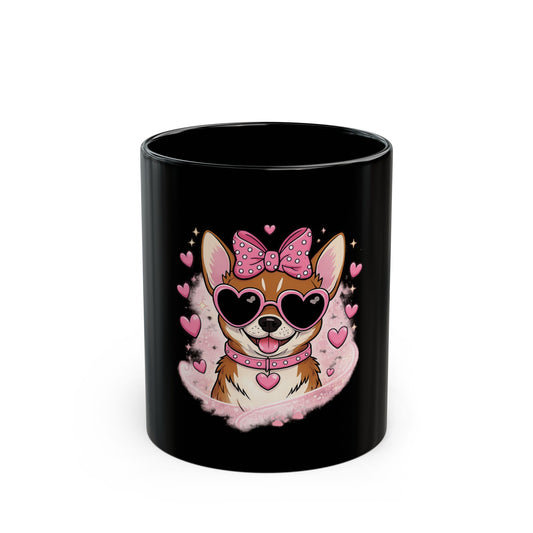 Corgi Love Black Mug — Cute Paw-sitive Coffee Cup with Heart Sunglasses (11oz/15oz)