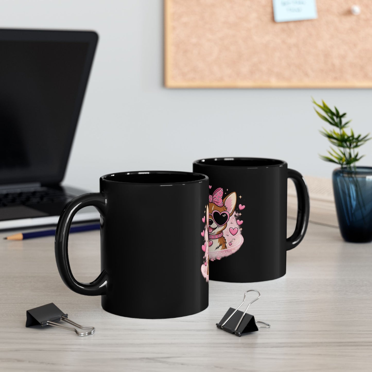 Corgi Love Black Mug — Cute Paw-sitive Coffee Cup with Heart Sunglasses (11oz/15oz)