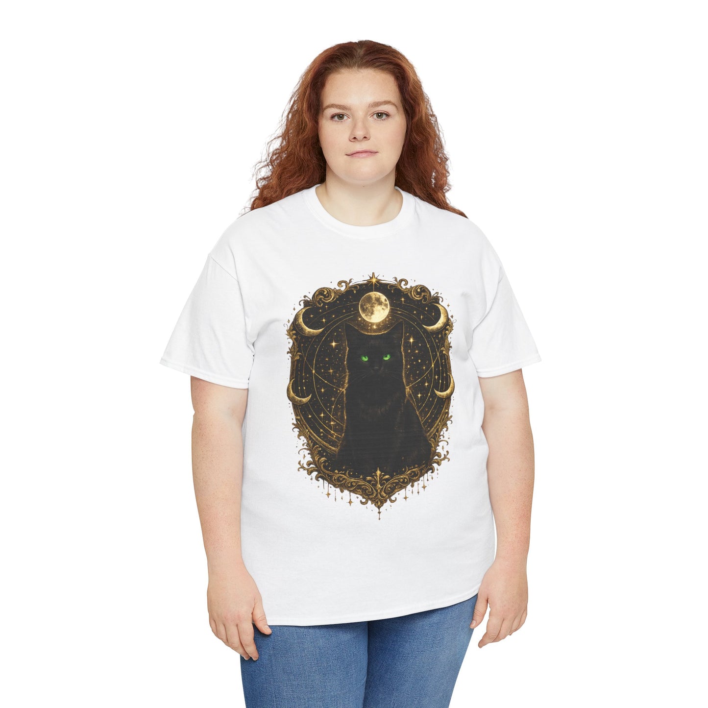 Mystic Moon Cat T-Shirt — Gothic Black Cat Tee with Gold Crescent Moon